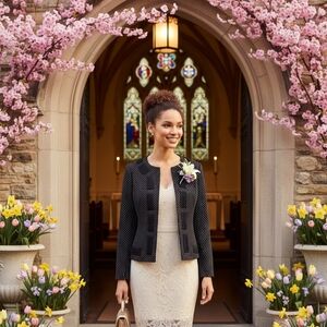 CAbi Mixed‑Print Polka Dot & Paisley Blazer – Ribbon Trim, 3/4 Sleeves Size 4